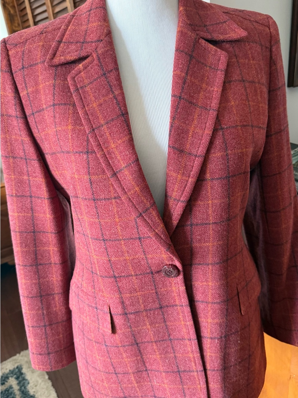 Ellen Tracy Womens Pink Plaid Wool Blend Blazer Jacket